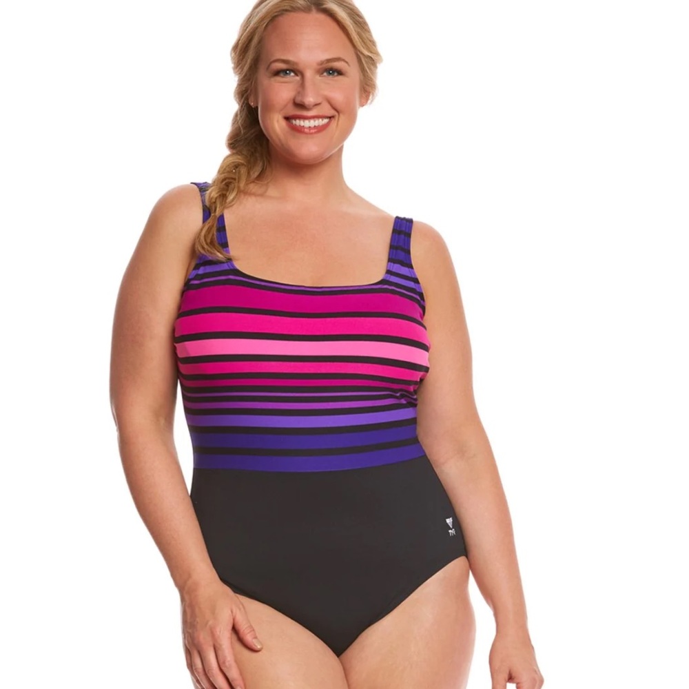TYR Black Ombré Stripe Aqua Chlorine Resistant One Piece Swimsuit Size 16